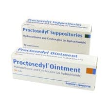 Proctasedyl 30 mg rektaalivoide ja peräpuikot tuotepakkauksissaan