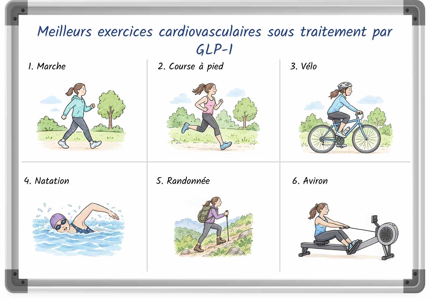 Schéma présentant les meilleurs exercices cardiovasculaires pour perdre du poids sous traitement par GLP-1.