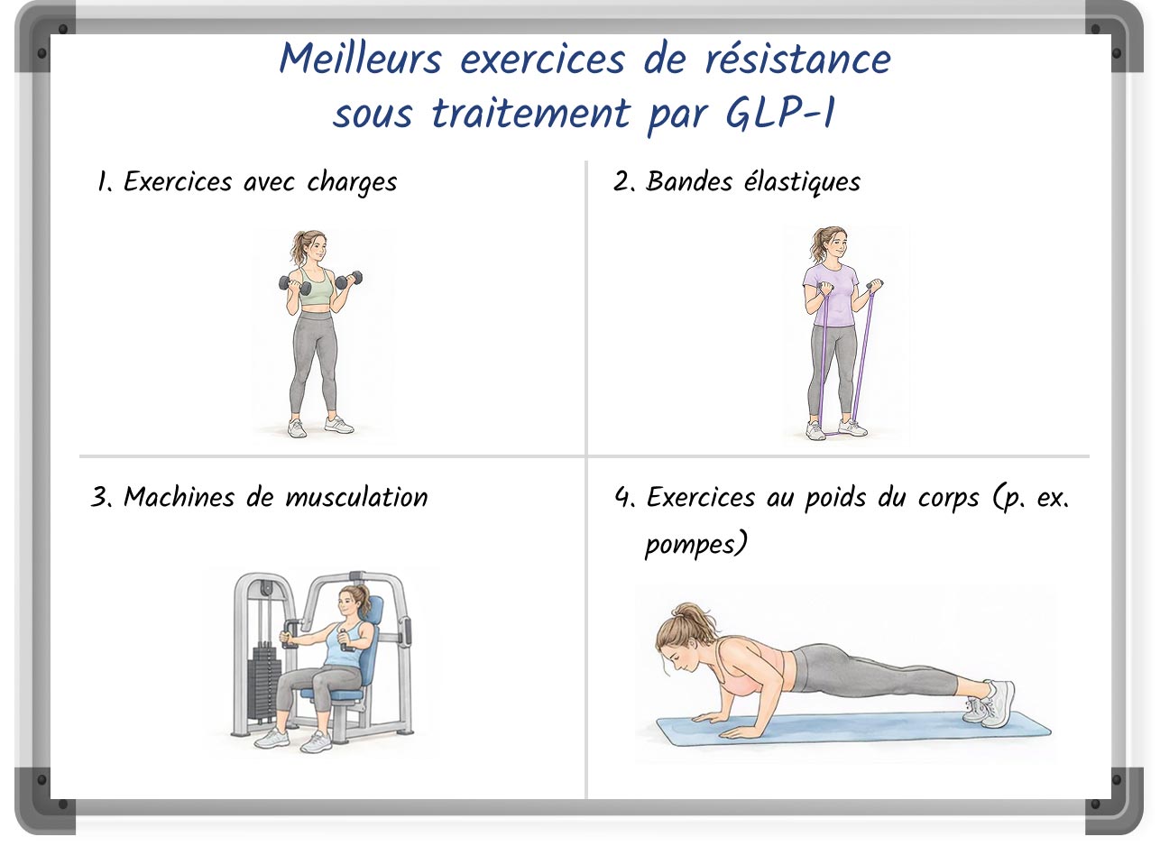 Schéma présentant les principaux exercices de résistance pour les personnes sous traitement par GLP-1.