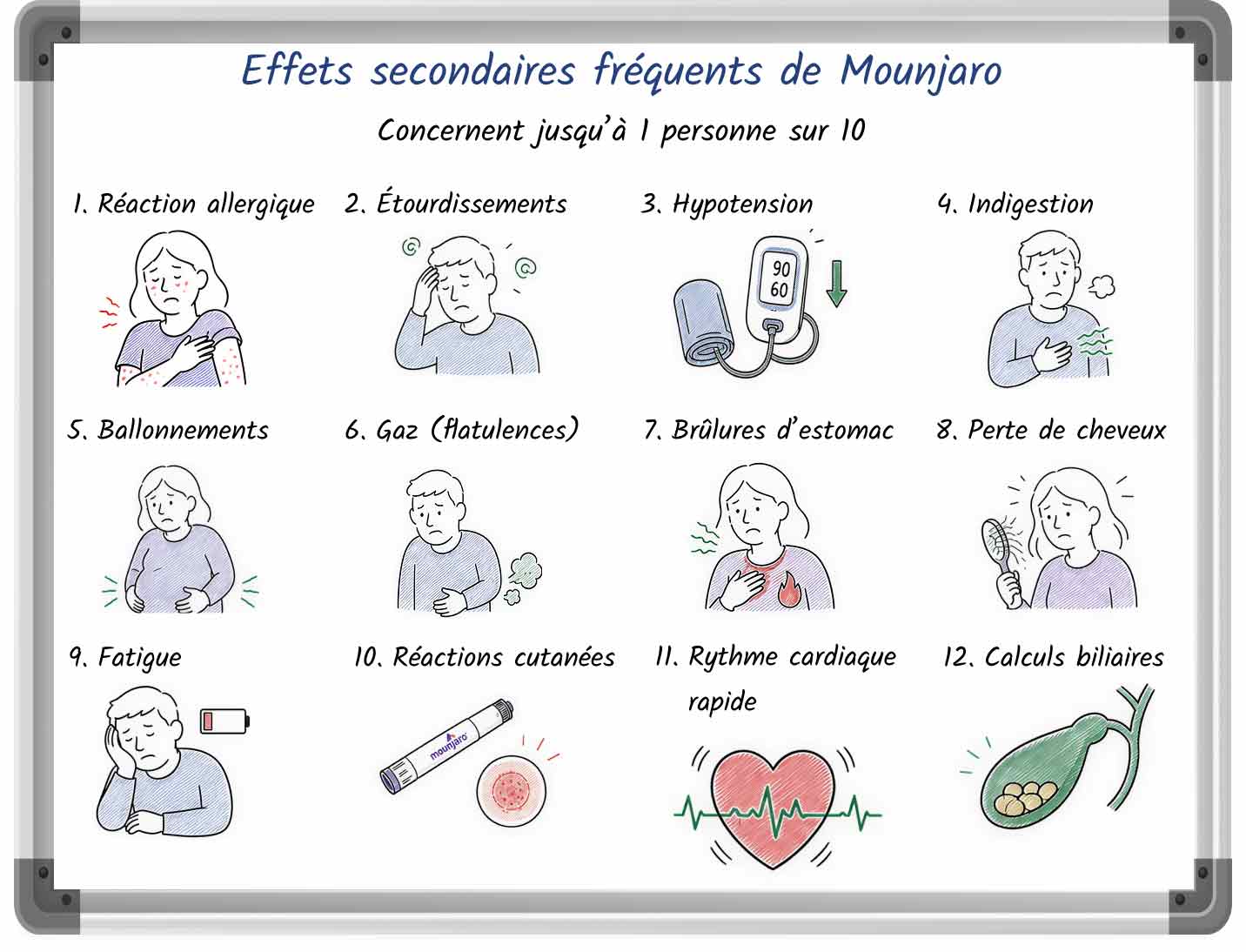 Liste récapitulative des effets secondaires fréquents de Mounjaro, avec des puces et des illustrations