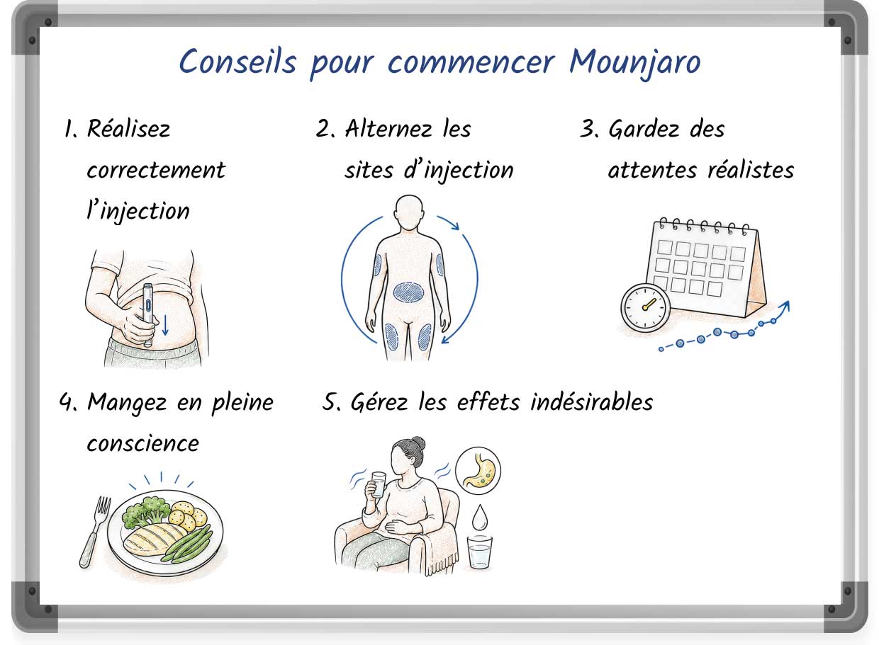 Sketch illustration listing helpful tips for when starting treatment with Mounjaro