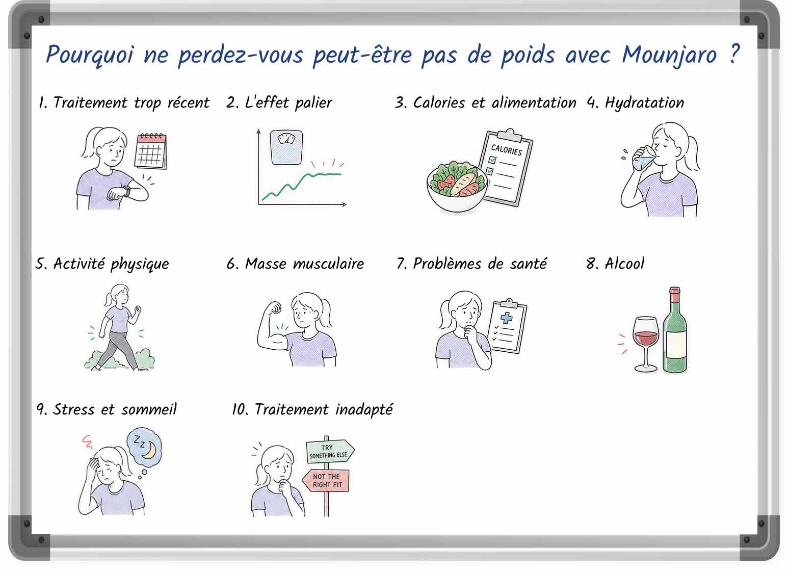 Illustration dessinée énumérant les raisons pour lesquelles certaines personnes ne perdent pas de poids avec Mounjaro