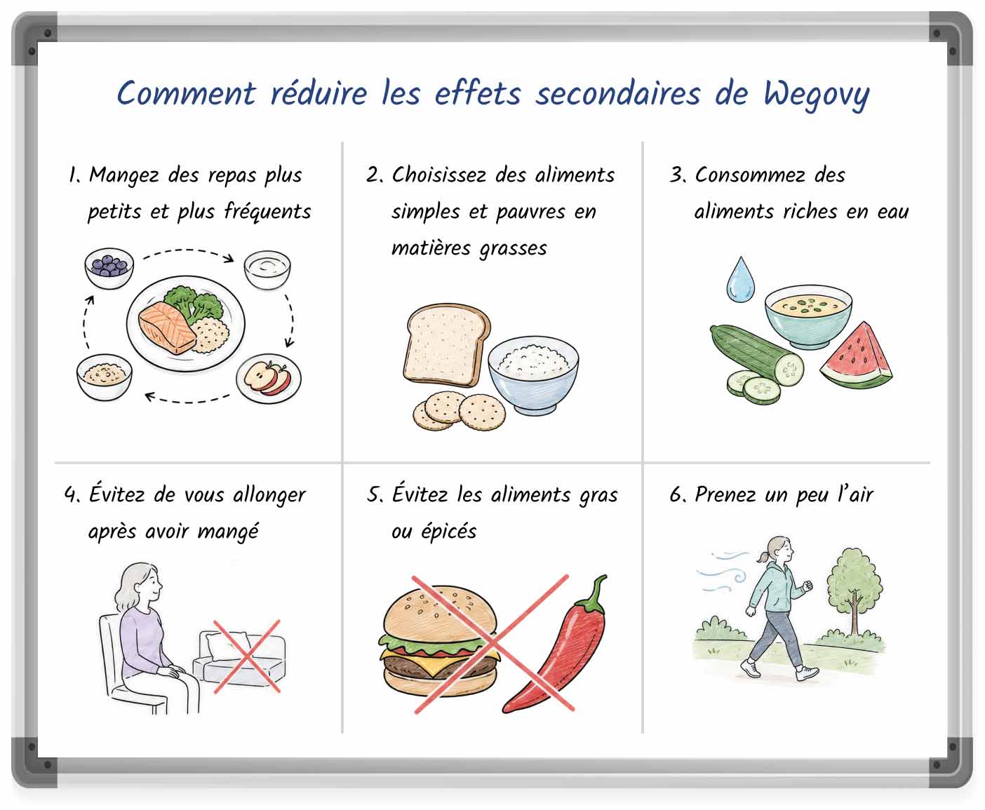 Illustration de style tableau blanc présentant des conseils pour réduire les effets secondaires de Wegovy.