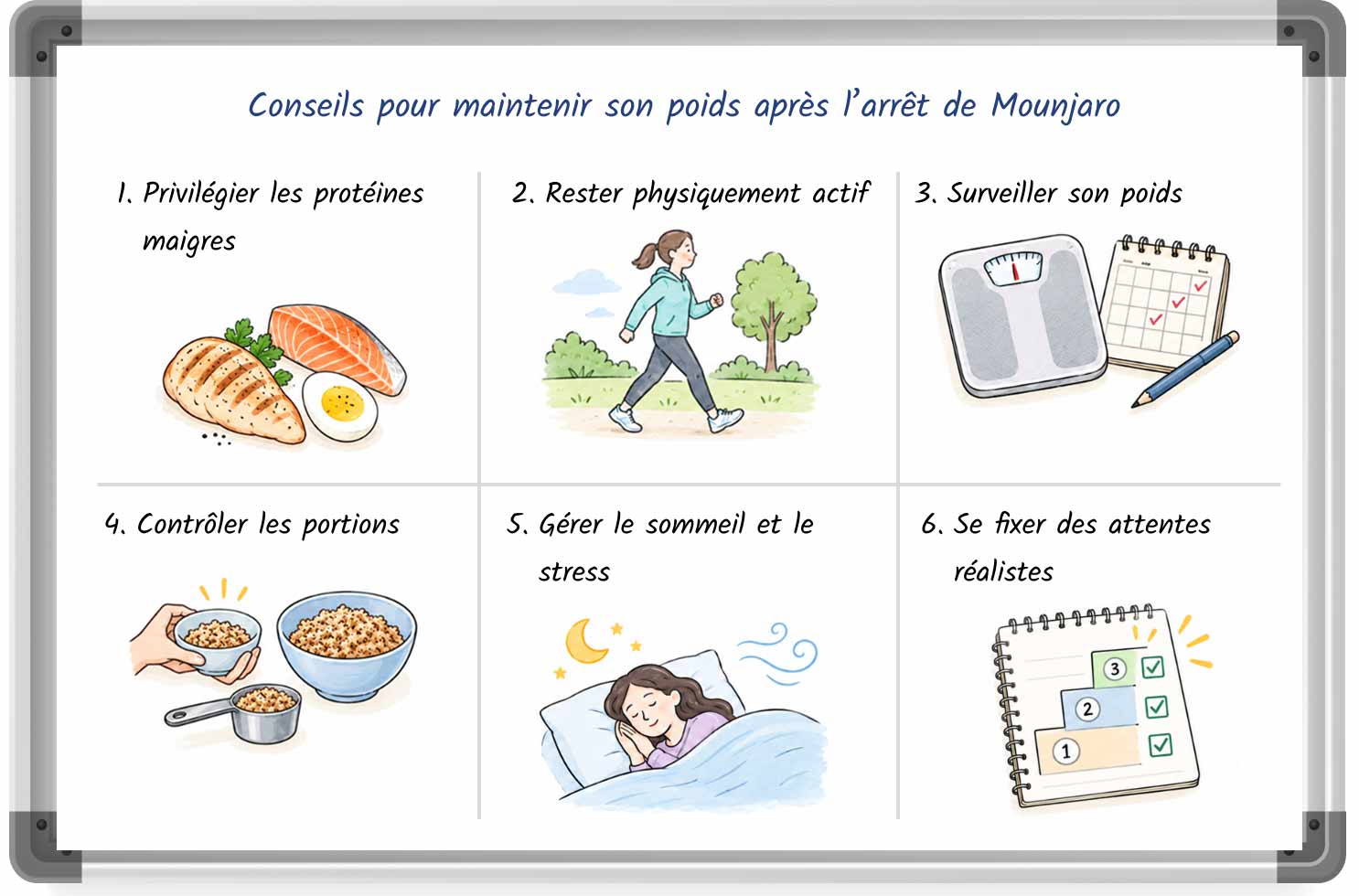 illustration de type tableau blanc présentant des conseils pour maintenir son poids après l’arrêt de Mounjaro