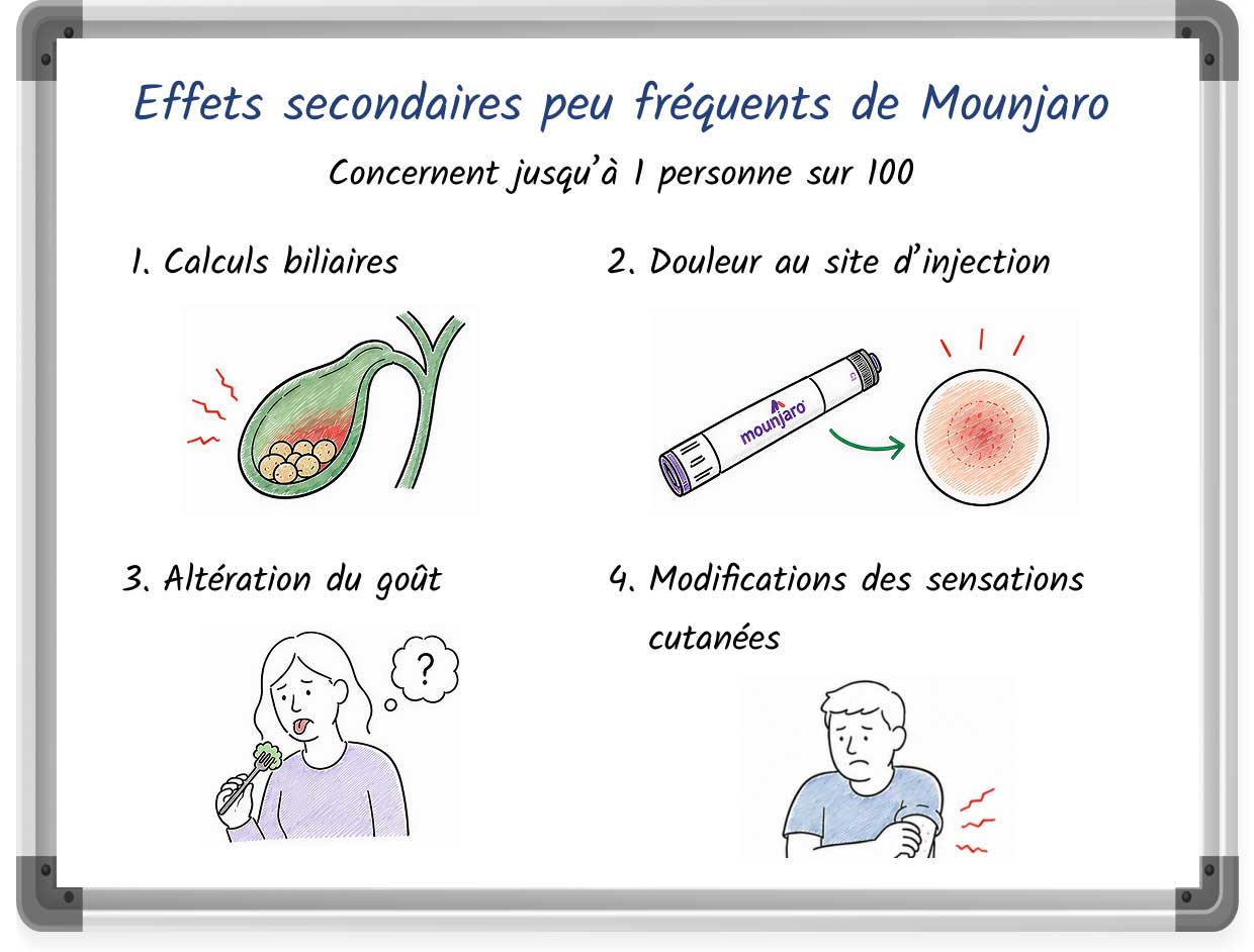 Liste récapitulative des effets secondaires peu fréquents de Mounjaro, avec des puces et des illustrations