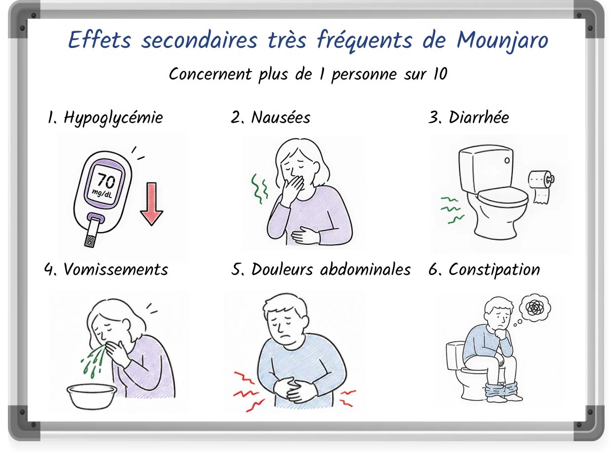 Liste récapitulative des effets secondaires très fréquents de Mounjaro, avec des puces et des illustrations