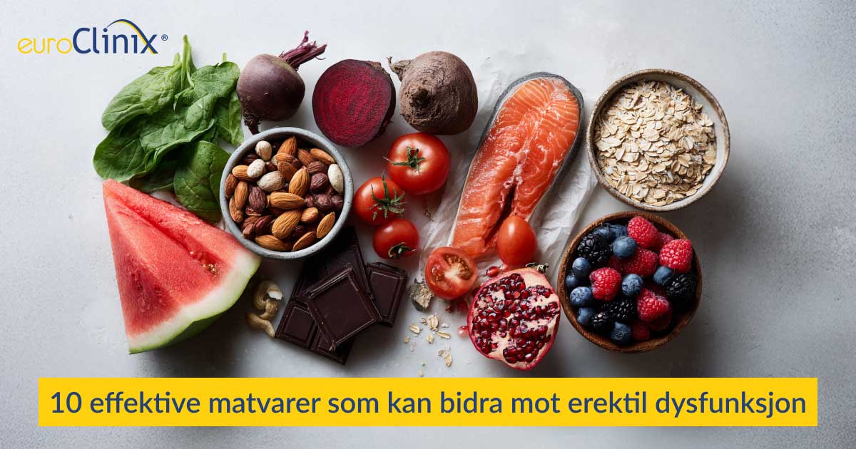 Kollasj av matvarer som kan bidra mot erektil dysfunksjon