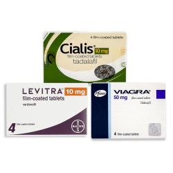 Forsiden av eskene til 3 ulike impotensbehandlinger, - Cialis 10 mg, Levitra 10 mg og Viagra 50 mg