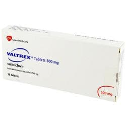 Pakke med Valtrex 500 mg filmdrasjerte tabletter