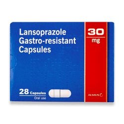 Forpakningen til Lansoprazole 30mg, inneholder 28 gastro-resistente kapsler