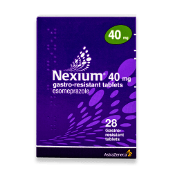 Pakke med Nexium Esomeprazol 40mg (AstraZenaca), inneholder 28 gastroresistente tabletter