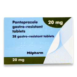 Forsiden av esken for Pantoprazole 20 mg, inneholder 28 gastro-resistente tabletter