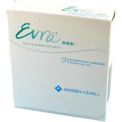 Eske for Evra (Janssen-Cilag), inneholder 9 stk p-plaster