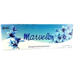 Forsiden av en Marvelon (MSD) eske som inneholder 3 x 21 p-piller
