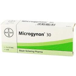 Forsiden av en Microgynon eske (Bayer), inneholder 3 brett med 21 p-piller