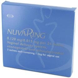 NuvaRing eske, inneholder 3 individuelt-innpakkede p-ringer