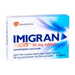 Eske med Imigran (Sumatriptan) 50 mg, esken inneholder 6 tabletter