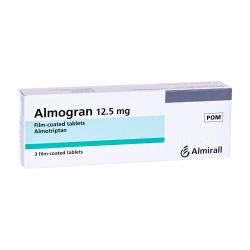 Eske med Almogran 12,5 mg tabletter, inneholder 3 filmdrasjerte tabletter