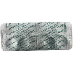 Baksiden av en blisterpakke med 7 Metronidazol 400mg tabletter