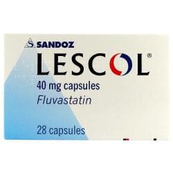 Forside av forpakningen til Fluvastatin 20mg (Lescol), inneholder 28 kapsler