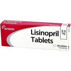 Lisinopril eske som inneholder 28x 2,5mg tabletter i kalenderpakning, kalender pakning ligger foran