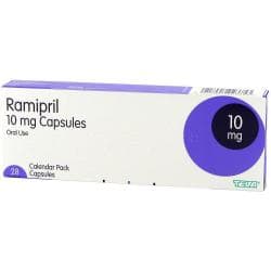 Forsiden av en Ramipril 10 mg boks, inneholder 28 kapsler