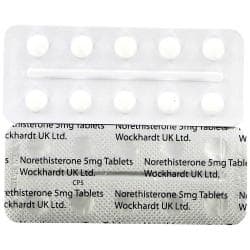 Noretisteron 5mg blisterpakning, forside og bakside