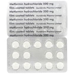 2 blisterpakninger med 14 Metformin filmdrasjerte tabletter, foran og bak