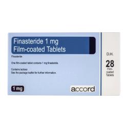 Forsiden av eske med 28 Finasterid 1 mg filmdrasjerte tabletter