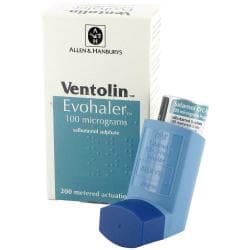 Ventoline 100 mcg 200 doser forpakning forside, inhalator utenfor