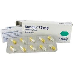 Tamiflu Roche forpakning, 75mg kapsler i blisterpakning og pakningsvedlegg synlig