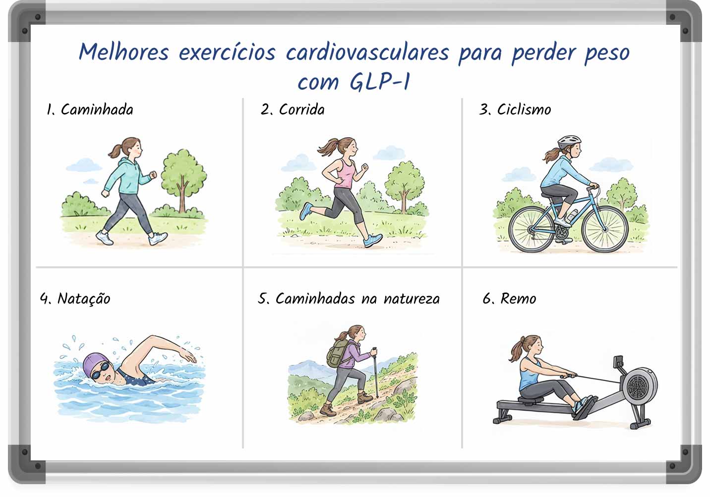 Esquema com os melhores exercícios cardiovasculares para perder peso durante o tratamento com medicamentos GLP-1.