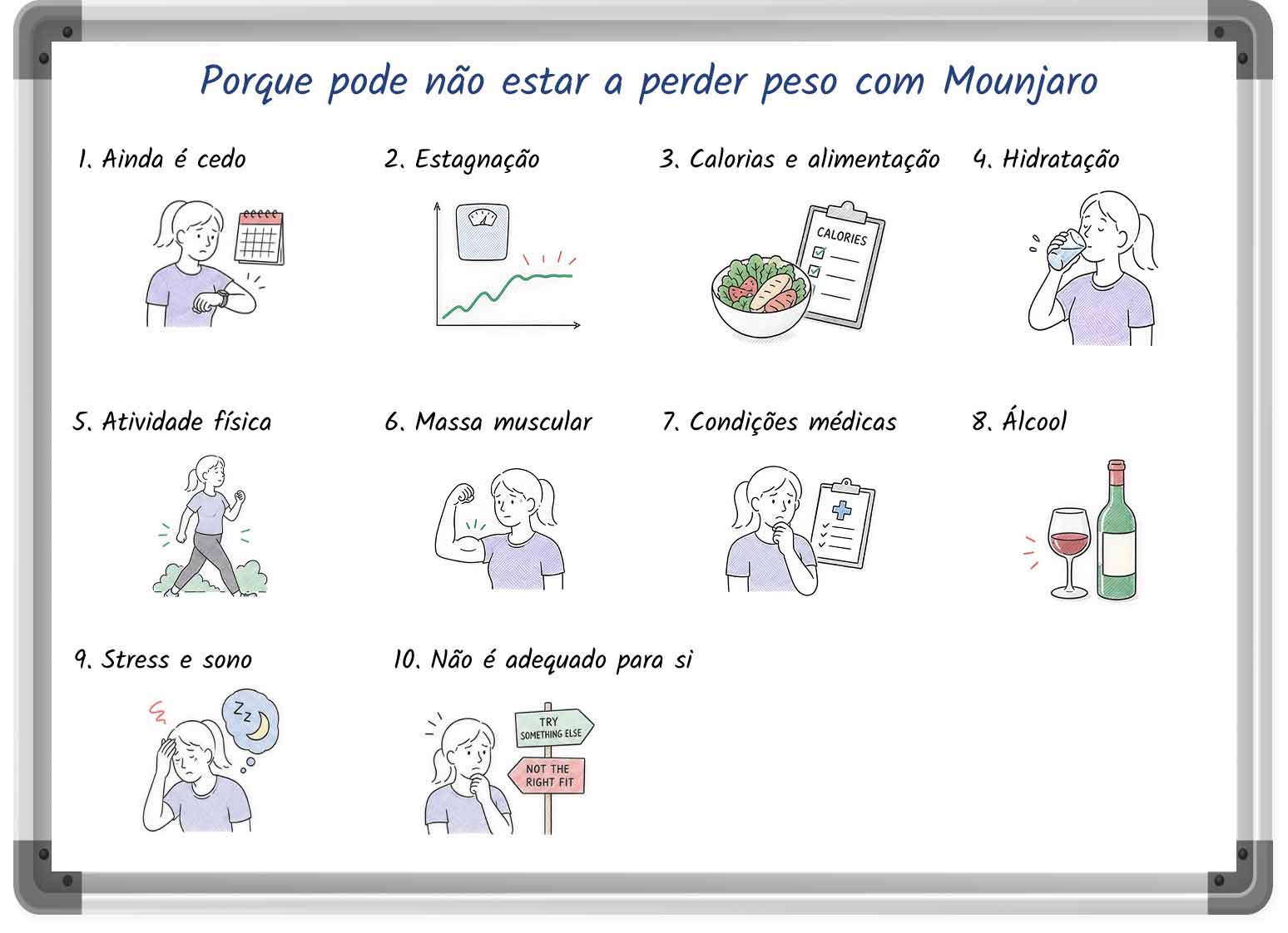 Ilustração desenhada à mão que apresenta motivos pelos quais algumas pessoas não perdem peso com Mounjaro