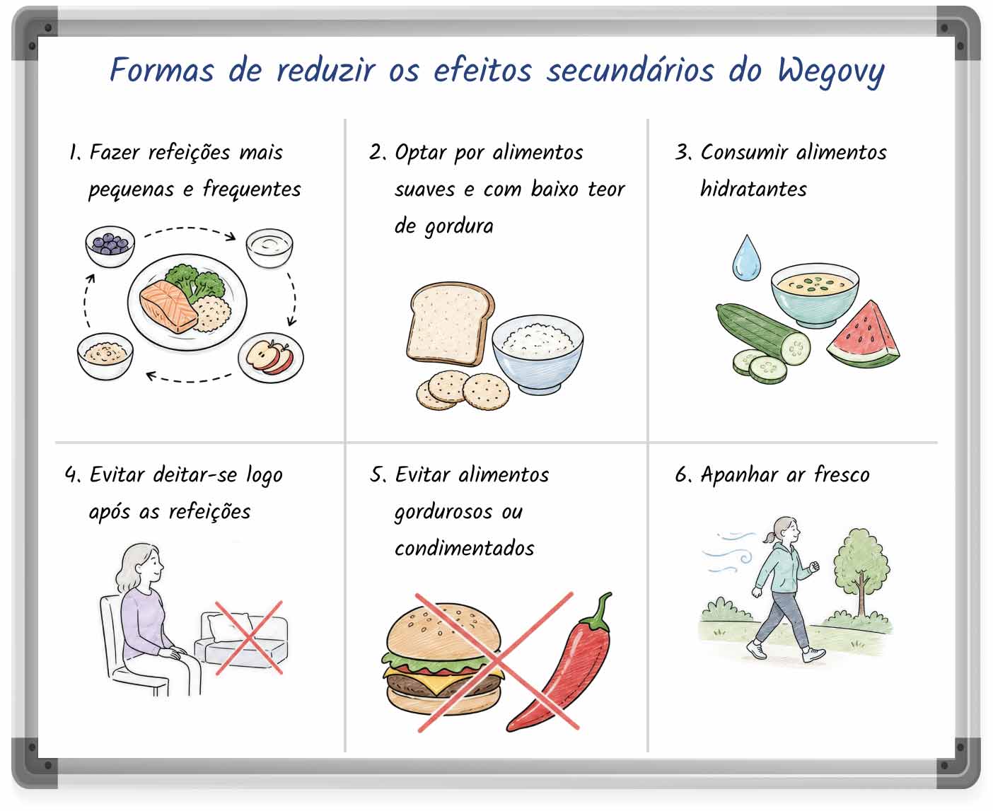 Gráfico em estilo quadro branco com formas de reduzir os efeitos secundários do Wegovy.