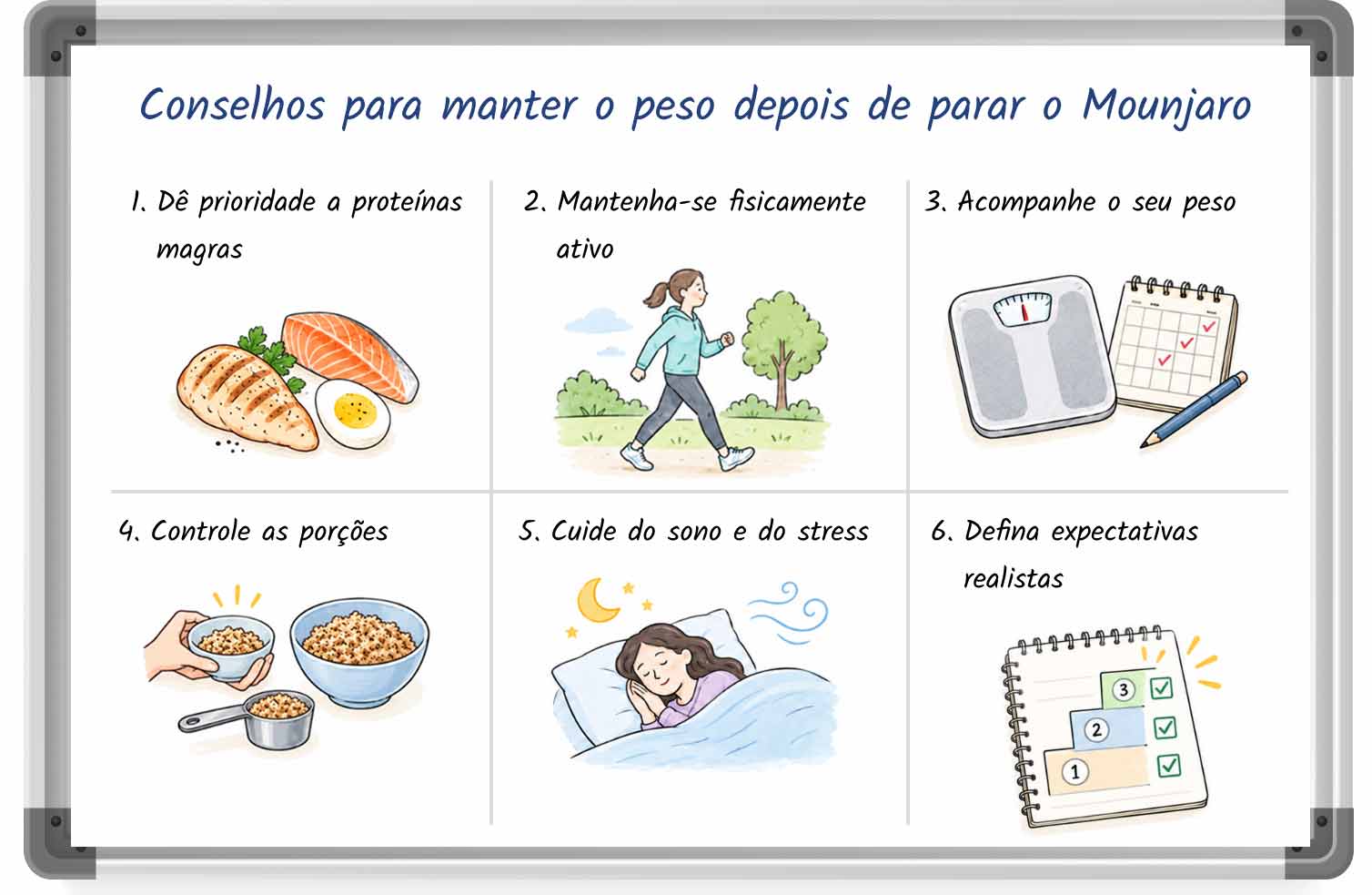 Ilustração em estilo de quadro branco com conselhos para manter o peso depois de parar o Mounjaro