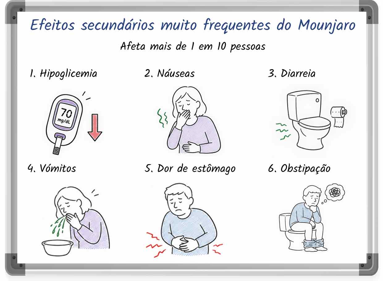 Uma lista ilustrada dos efeitos secundários muito frequentes do Mounjaro, com marcadores e imagens
