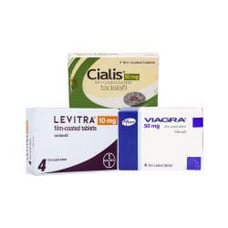 Embalagem de Viagra (Sildenafil) 50mg, Cialis (tadalafil) 10mg e Levitra ( Vardenafil) 10mg