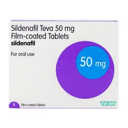Caixa contém 8 comprimidos revestidos de Sildenafil Teva 50mg