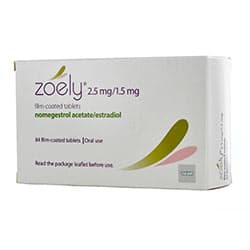 Embalagem de Zoely 2,5mg/1,5mg de acetato nomegestrol/estradiol 84 comprimidos orais revestidos por película