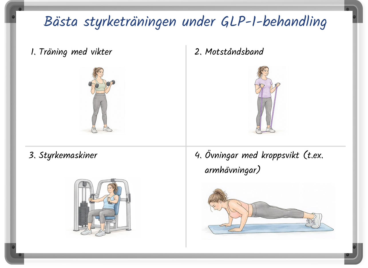 Illustration som visar lämpliga övningar för styrketräning under behandling med GLP-1-läkemedel.