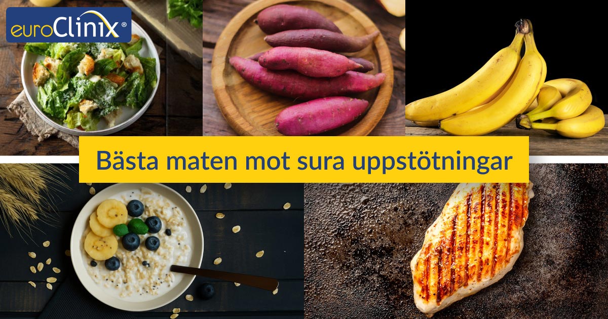 Kollage över de bästa livsmedlen mot sura uppstötningar