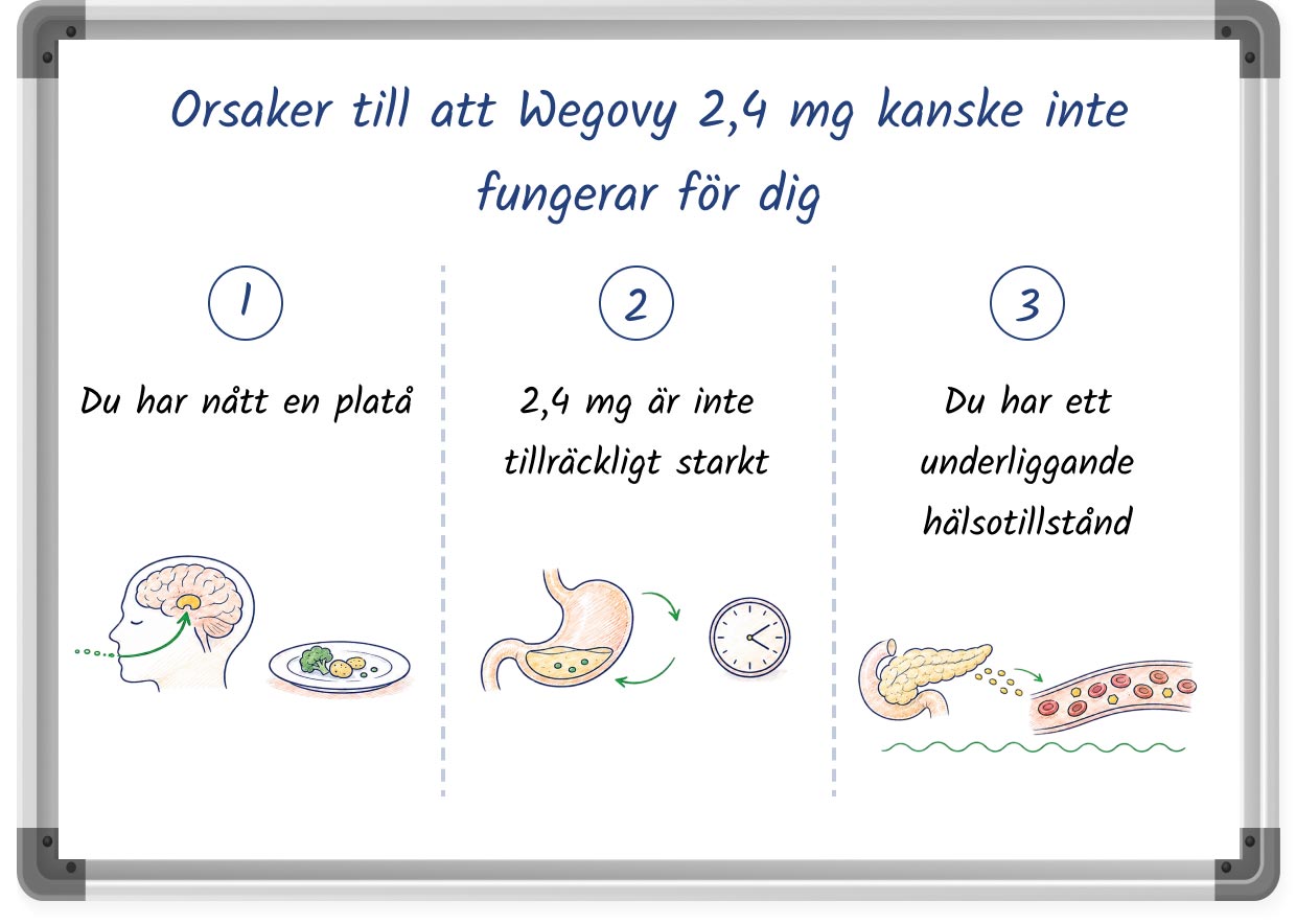 En skissad illustration som visar möjliga orsaker till att Wegovy 2,4 mg inte fungerar