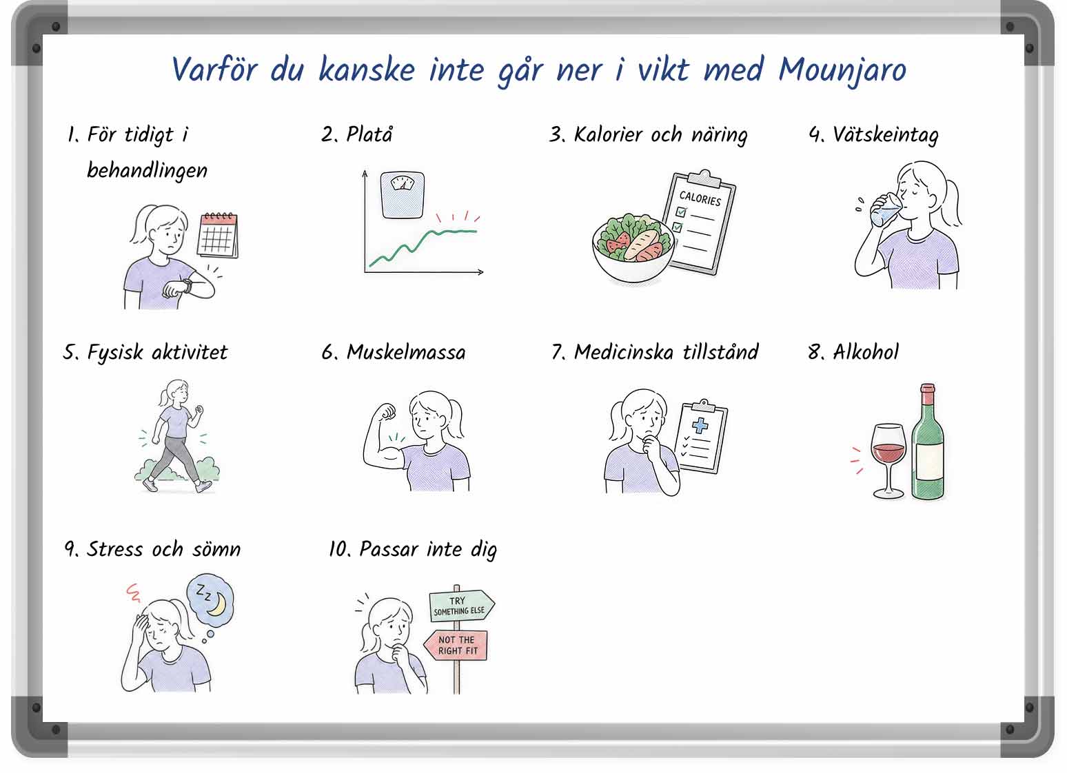 En tecknad bild med en lista över anledningar till att människor inte går ner i vikt med Mounjaro
