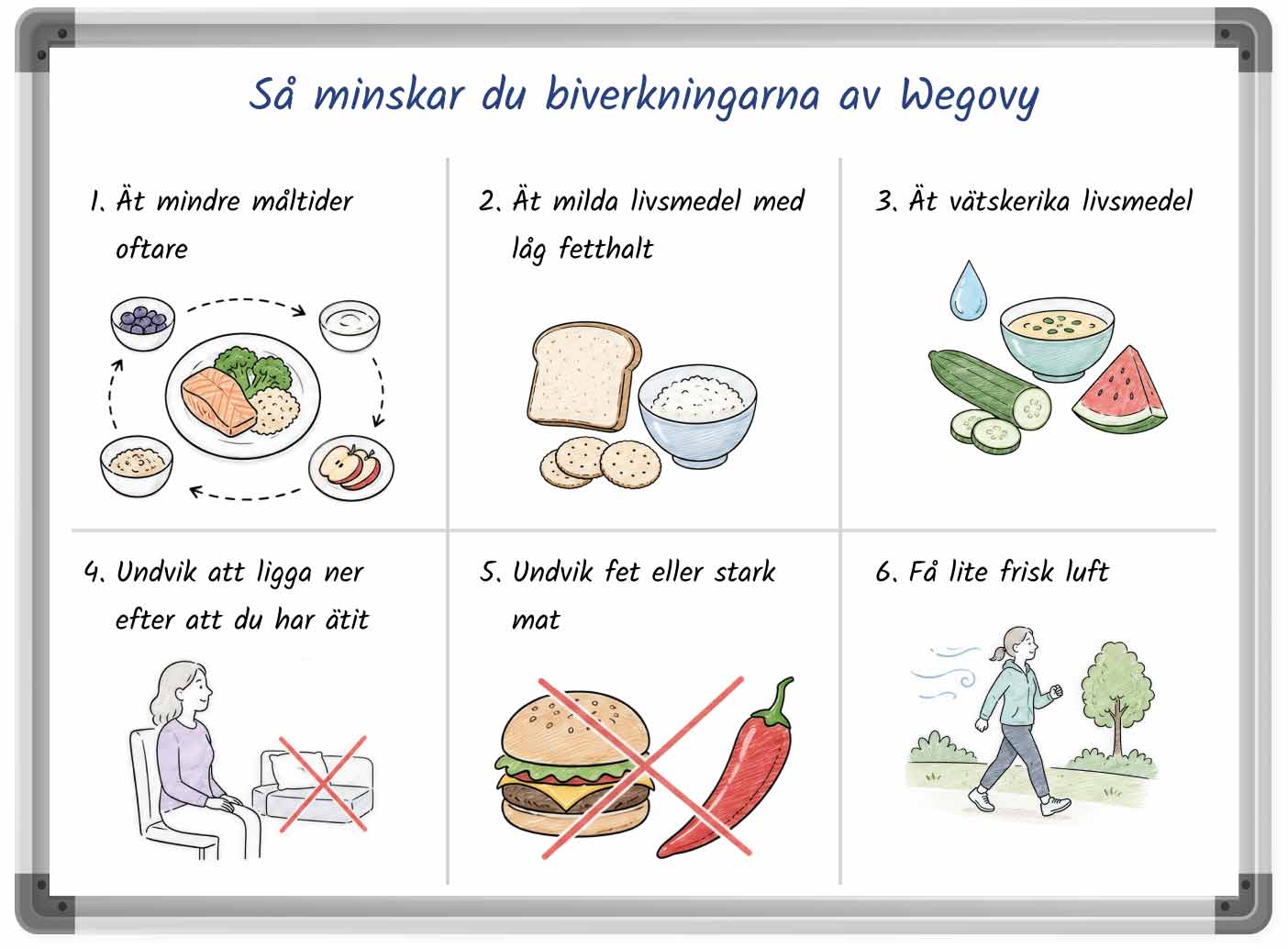 Whiteboardliknande illustration som visar hur man kan minska biverkningarna av Wegovy
