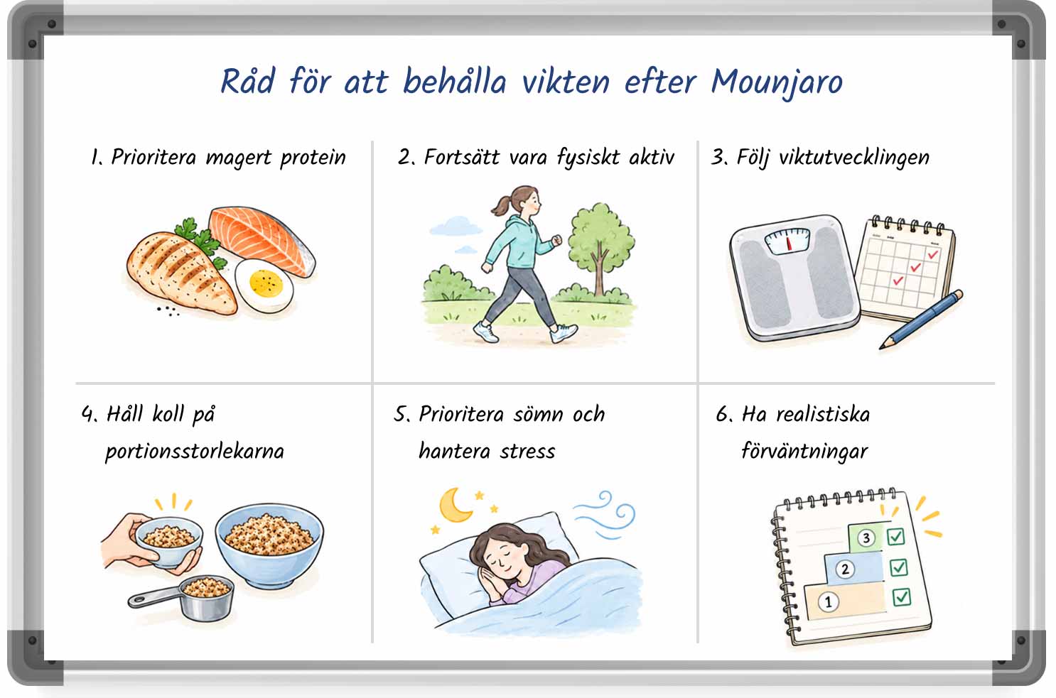 En whiteboardgrafik med råd för att behålla vikten efter att man slutat med Mounjaro