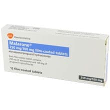 Malarone -paket med 12 filmbelagda tabletter med 250 mg actovaquon och 100 mg proguanilhydroklorid från GSK