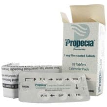 Paket med 28 filmbelagda surfplattor, broschyrer och blisterpaket med 7 propecia -filmbelagda surfplattor 1 mg finastrid från MSD